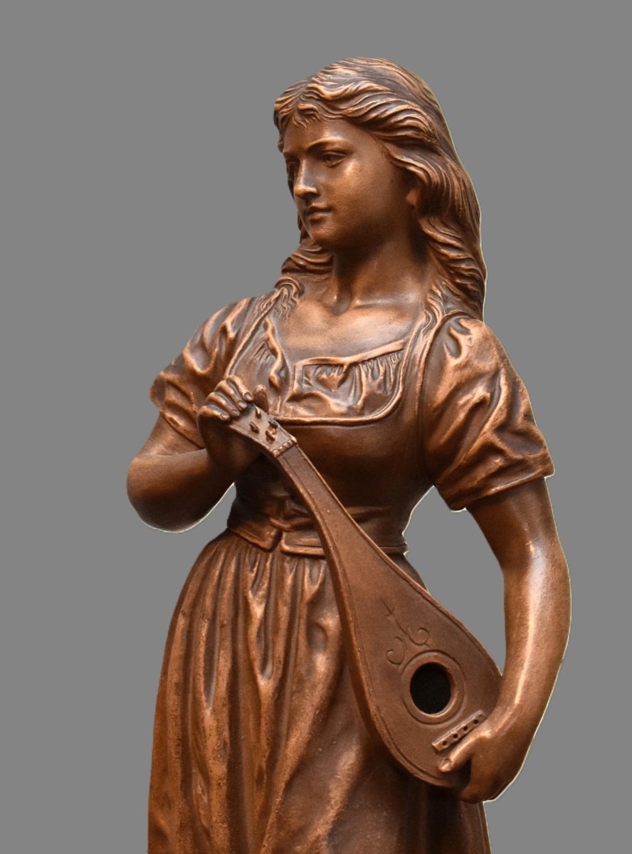 Joseph Le Guluche (1849–1915). Terracotta Statue, Sculpture Titled *young Woman With A Mandolin*.-photo-4