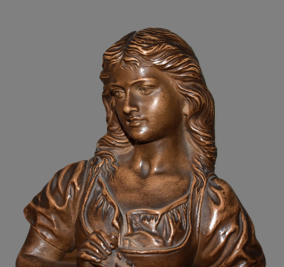 Joseph Le Guluche (1849–1915). Terracotta Statue, Sculpture Titled *young Woman With A Mandolin*.-photo-5