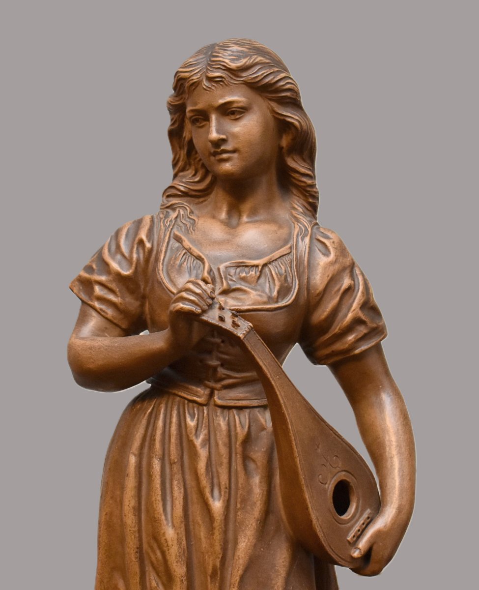 Joseph Le Guluche (1849–1915). Terracotta Statue, Sculpture Titled *young Woman With A Mandolin*.-photo-3