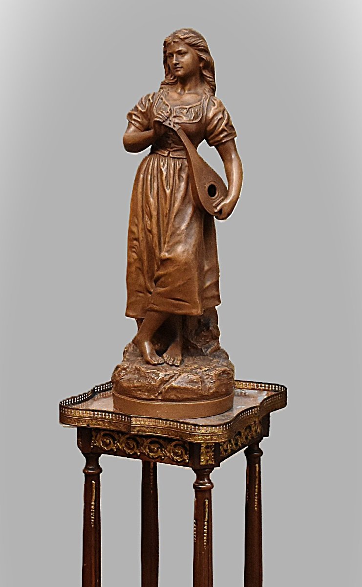 Joseph Le Guluche (1849–1915). Terracotta Statue, Sculpture Titled *young Woman With A Mandolin*.