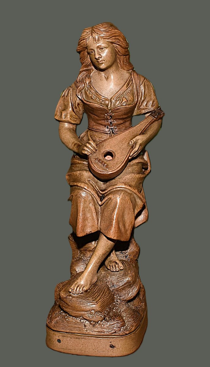 Joseph  Le Guluche ( 1849-1915 ). Sculpture En Terre Cuite, Statue Jeune Femme à La Mandoline.-photo-3