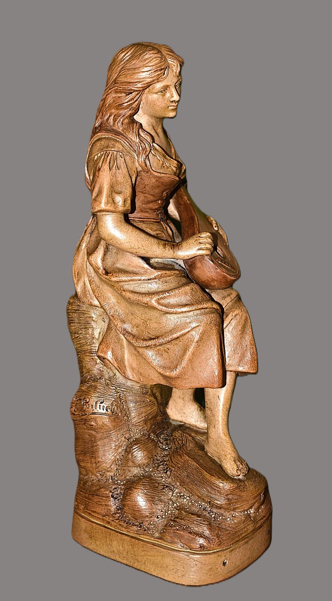 Joseph  Le Guluche ( 1849-1915 ). Sculpture En Terre Cuite, Statue Jeune Femme à La Mandoline.-photo-4
