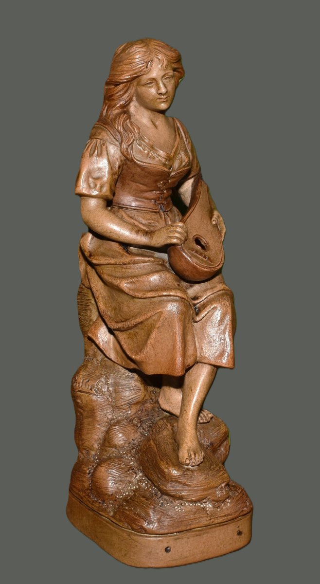 Joseph  Le Guluche ( 1849-1915 ). Sculpture En Terre Cuite, Statue Jeune Femme à La Mandoline.-photo-2