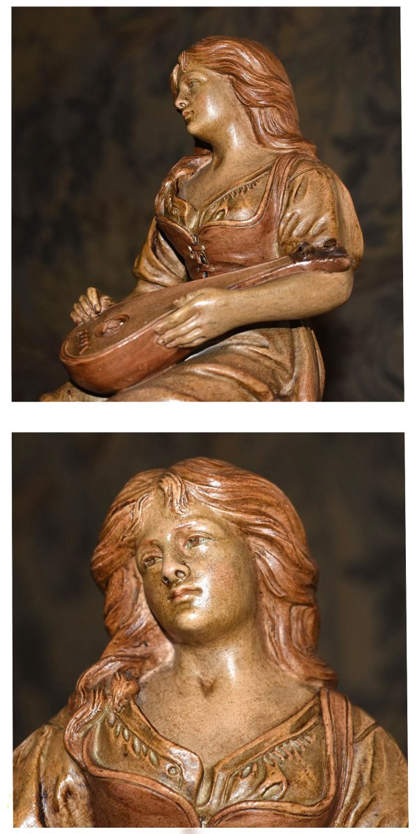 Joseph  Le Guluche ( 1849-1915 ). Sculpture En Terre Cuite, Statue Jeune Femme à La Mandoline.-photo-2