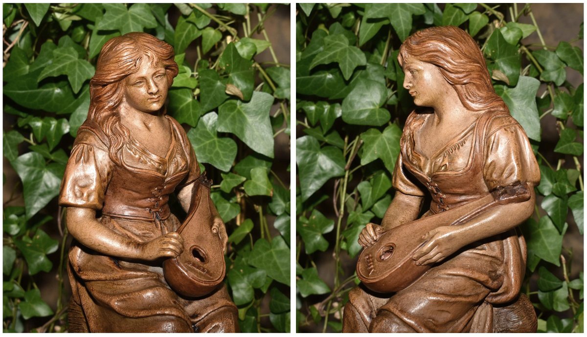 Joseph  Le Guluche ( 1849-1915 ). Sculpture En Terre Cuite, Statue Jeune Femme à La Mandoline.-photo-4