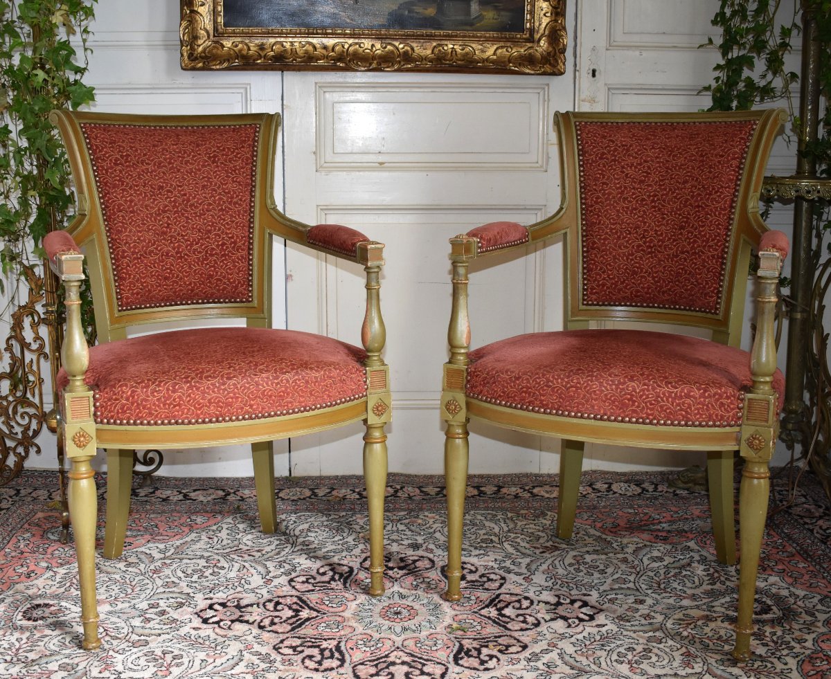Set Of 4 Directoire-style Armchairs In Almond-green Lacquered Wood With A Fresh Coat Of Paint, Late 19th-century Living Room-photo-2
