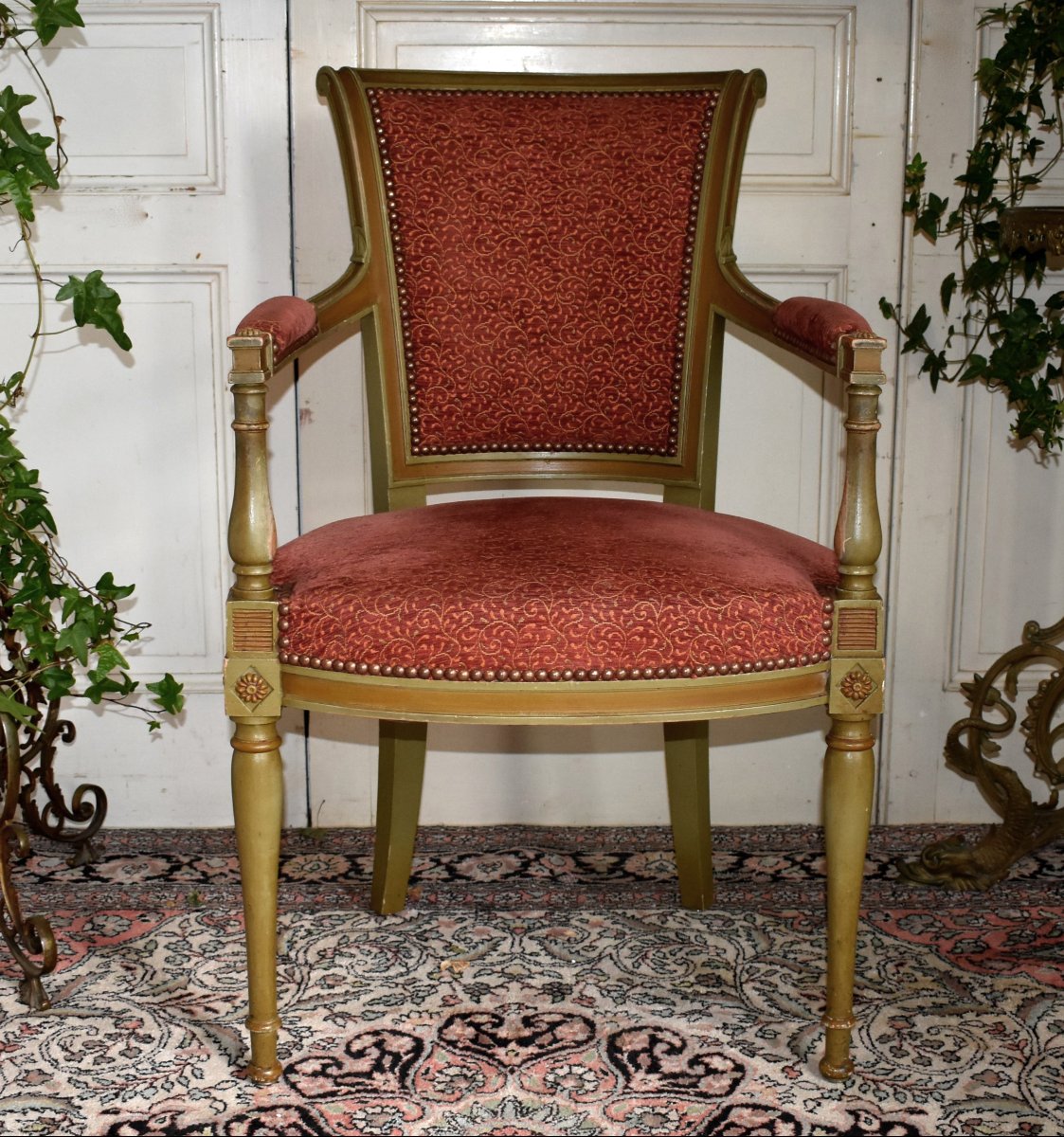 Set Of 4 Directoire-style Armchairs In Almond-green Lacquered Wood With A Fresh Coat Of Paint, Late 19th-century Living Room-photo-3