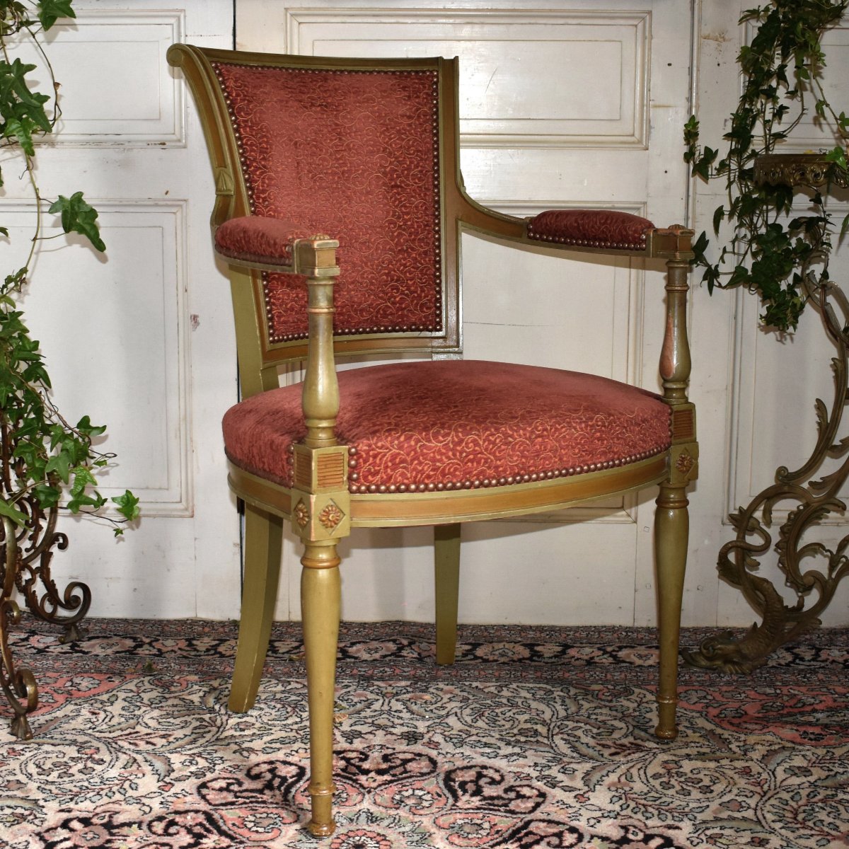 Set Of 4 Directoire-style Armchairs In Almond-green Lacquered Wood With A Fresh Coat Of Paint, Late 19th-century Living Room-photo-4