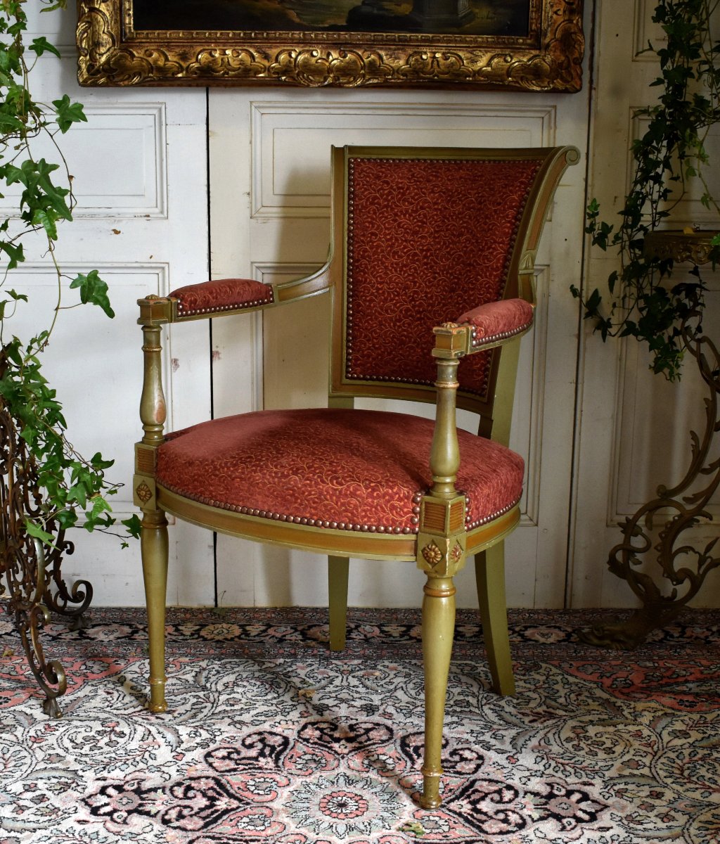 Set Of 4 Directoire-style Armchairs In Almond-green Lacquered Wood With A Fresh Coat Of Paint, Late 19th-century Living Room-photo-1