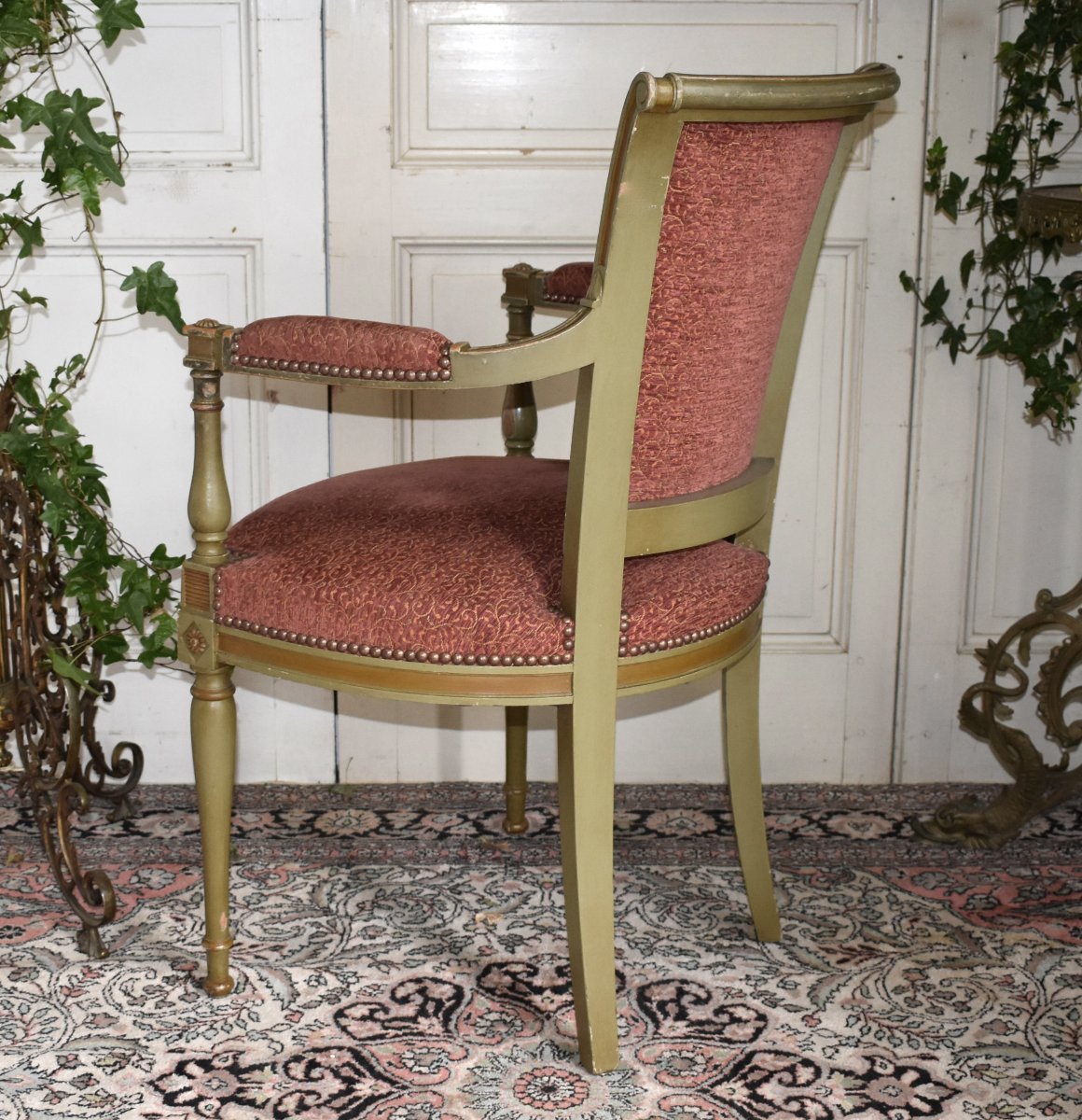 Set Of 4 Directoire-style Armchairs In Almond-green Lacquered Wood With A Fresh Coat Of Paint, Late 19th-century Living Room-photo-2