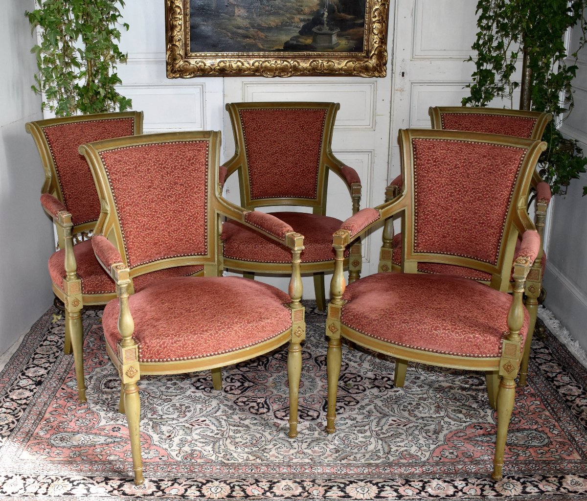 Set Of 4 Directoire-style Armchairs In Almond-green Lacquered Wood With A Fresh Coat Of Paint, Late 19th-century Living Room