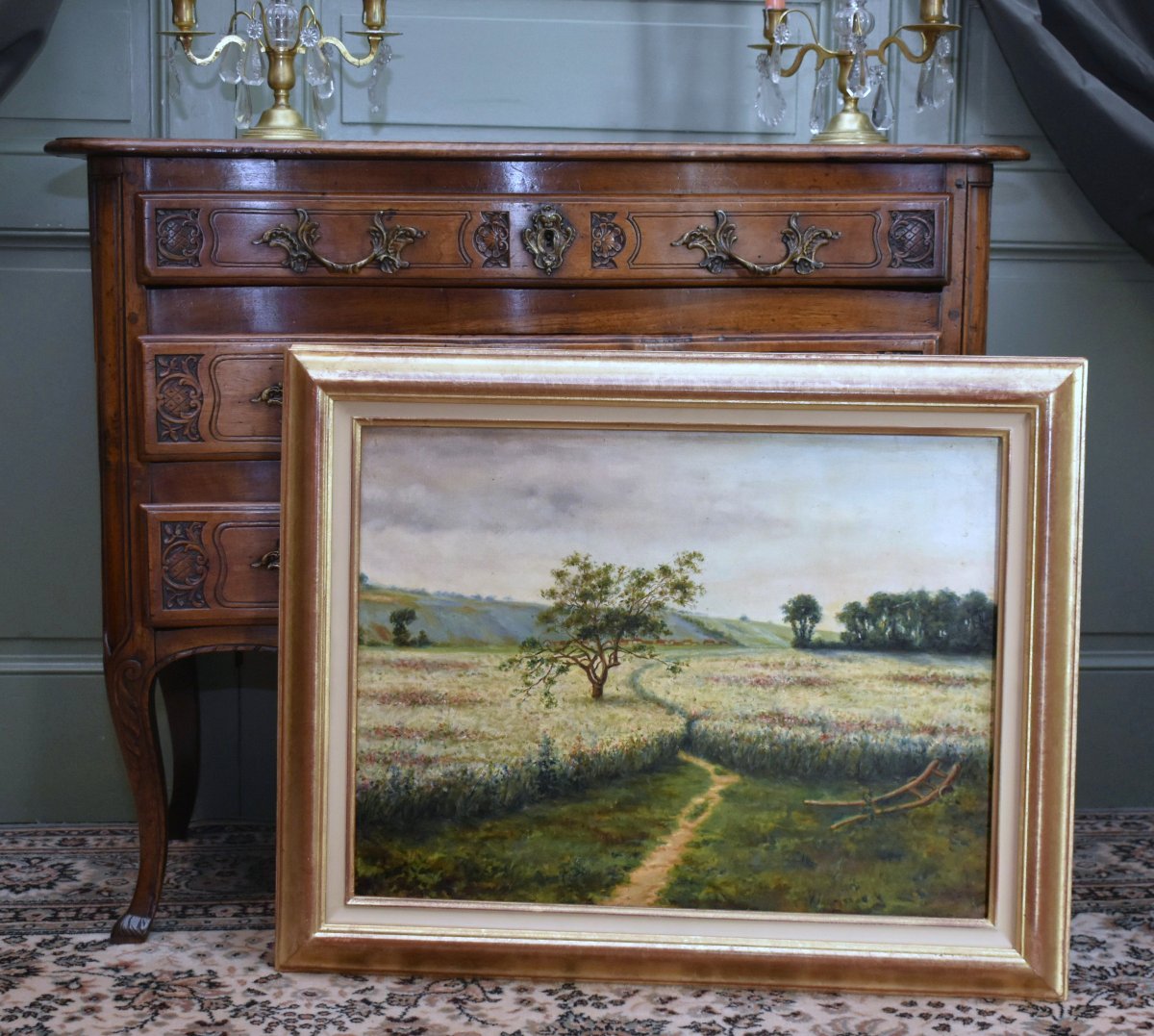 Country Landscape Painting, Springtime Rural Scene, Fields And A Plow-photo-2