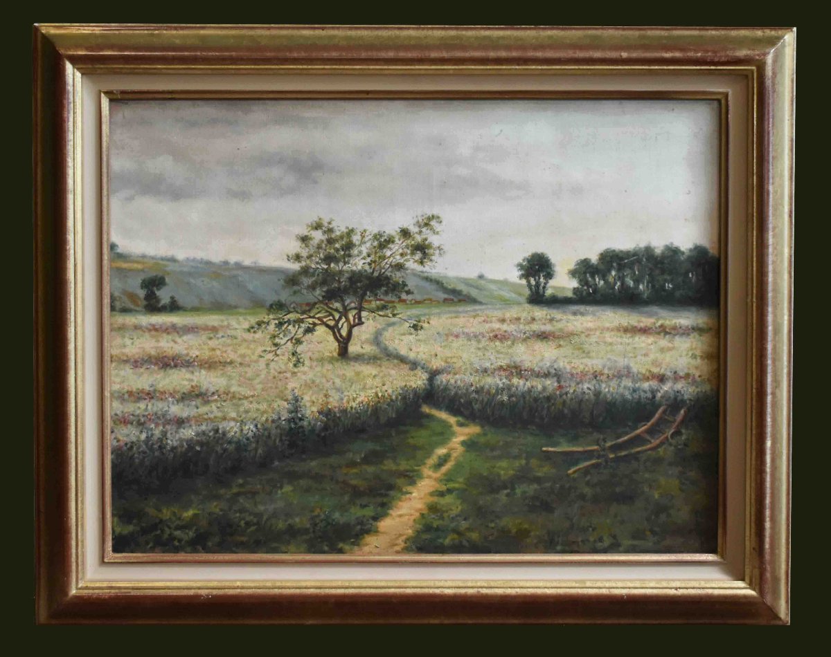 Country Landscape Painting, Springtime Rural Scene, Fields And A Plow-photo-3