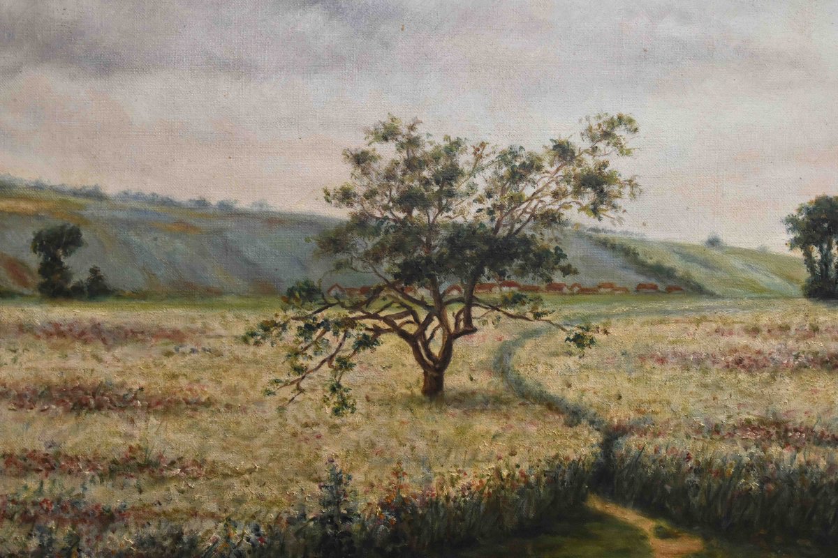Country Landscape Painting, Springtime Rural Scene, Fields And A Plow-photo-1