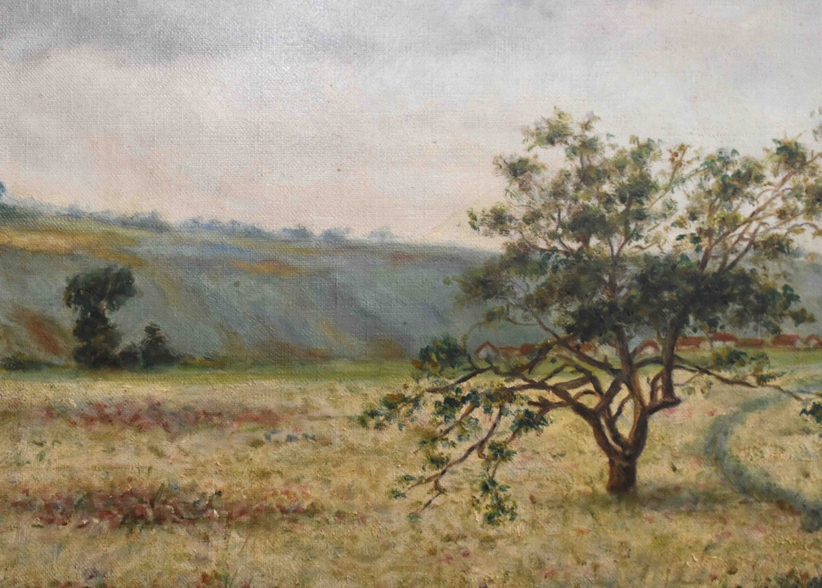 Country Landscape Painting, Springtime Rural Scene, Fields And A Plow-photo-2