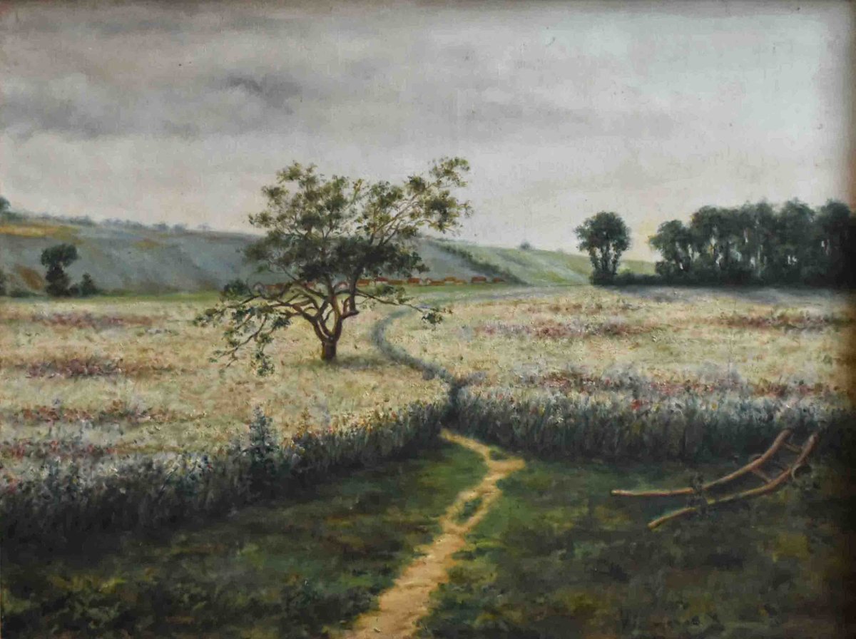 Country Landscape Painting, Springtime Rural Scene, Fields And A Plow-photo-6