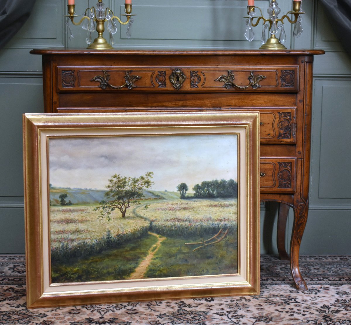 Country Landscape Painting, Springtime Rural Scene, Fields And A Plow