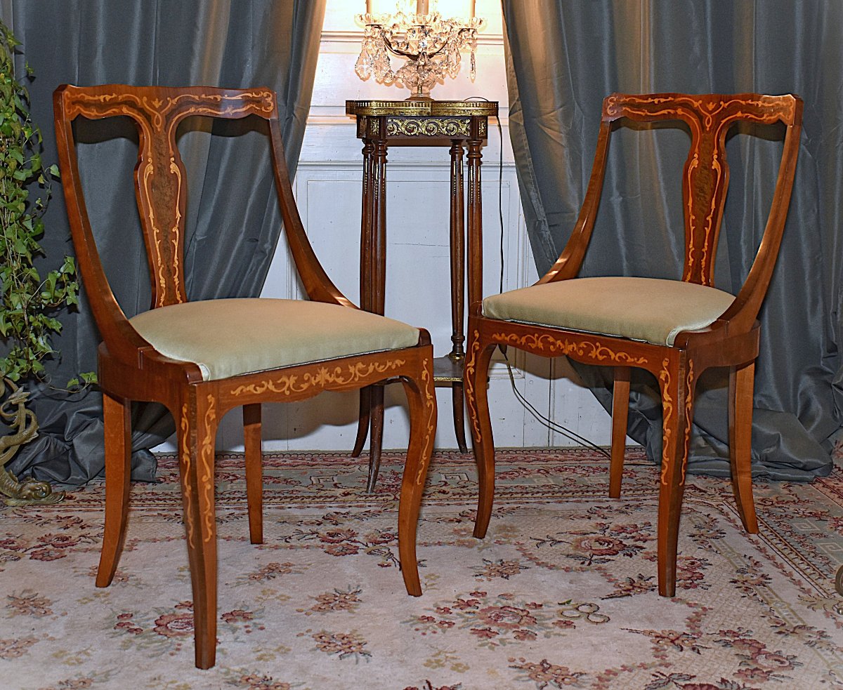 Paire De Chaises gondoles, assise amovible Décor De  Marqueterie , Rinceaux En Bois Clair.-photo-2