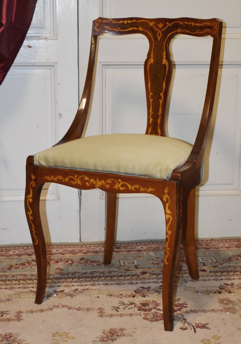 Paire De Chaises gondoles, assise amovible Décor De  Marqueterie , Rinceaux En Bois Clair.-photo-1