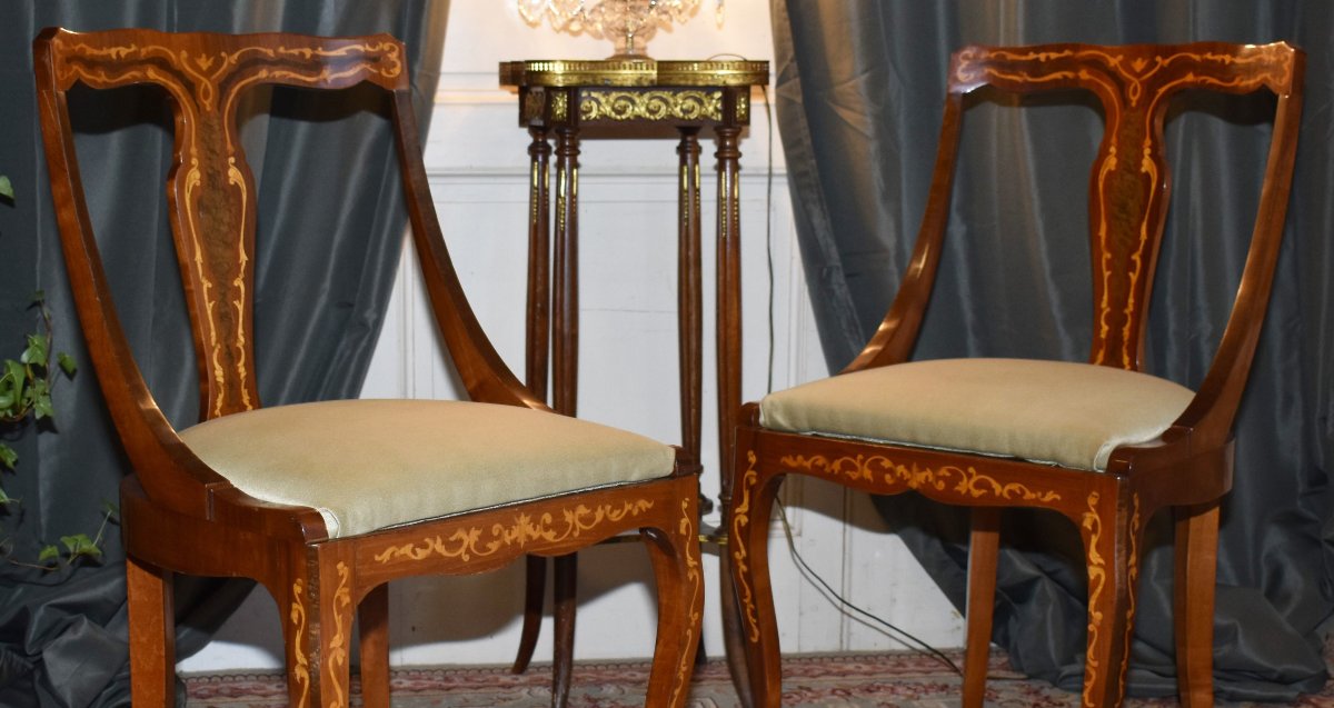 Paire De Chaises gondoles, assise amovible Décor De  Marqueterie , Rinceaux En Bois Clair.-photo-3