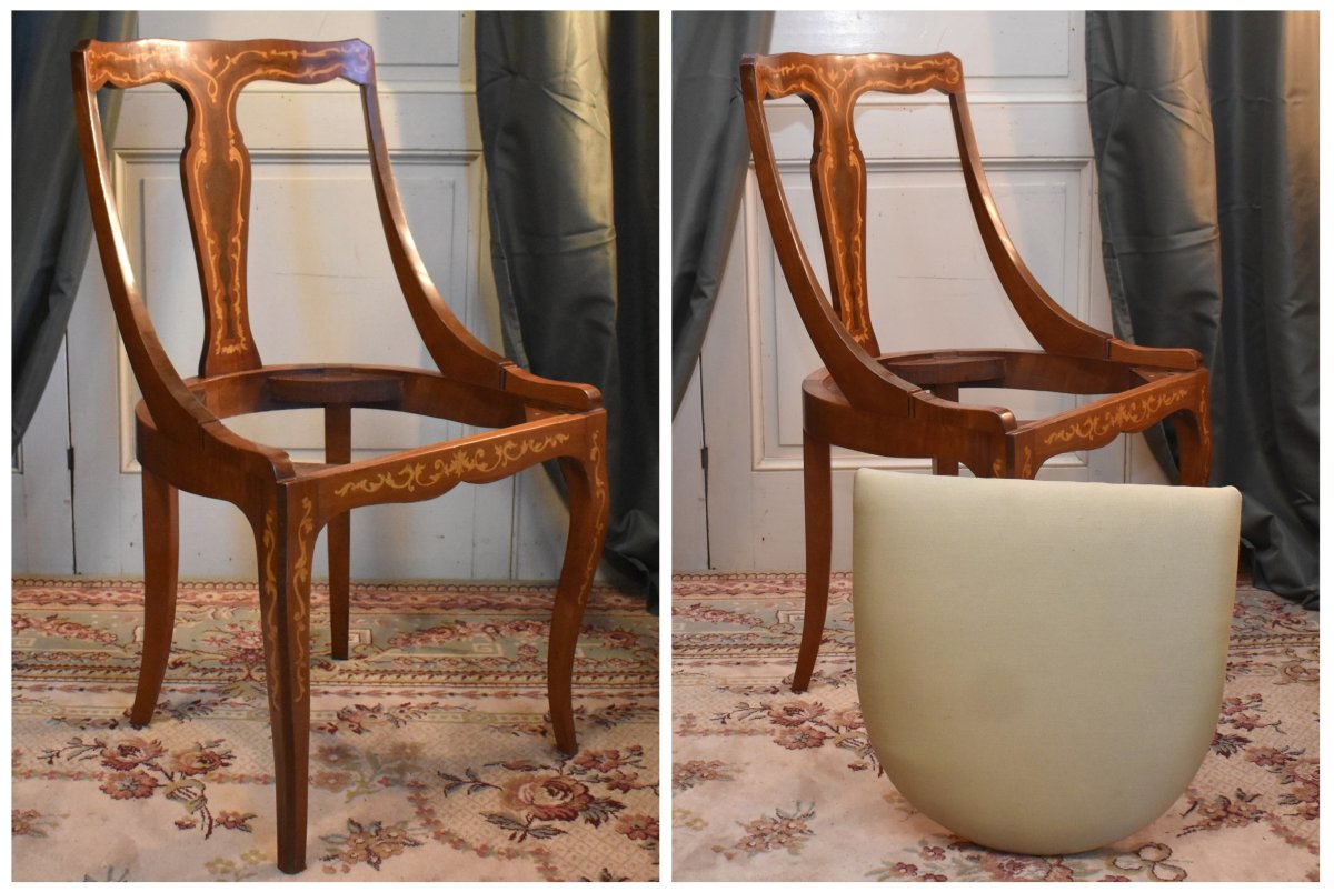 Paire De Chaises gondoles, assise amovible Décor De  Marqueterie , Rinceaux En Bois Clair.-photo-7