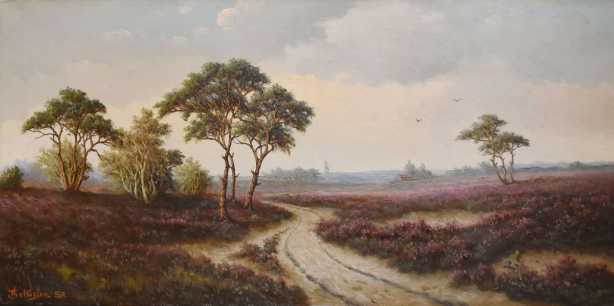 Thomas Van Wissen tableau champêtre , paysage de campagne , champs de bruyères , 