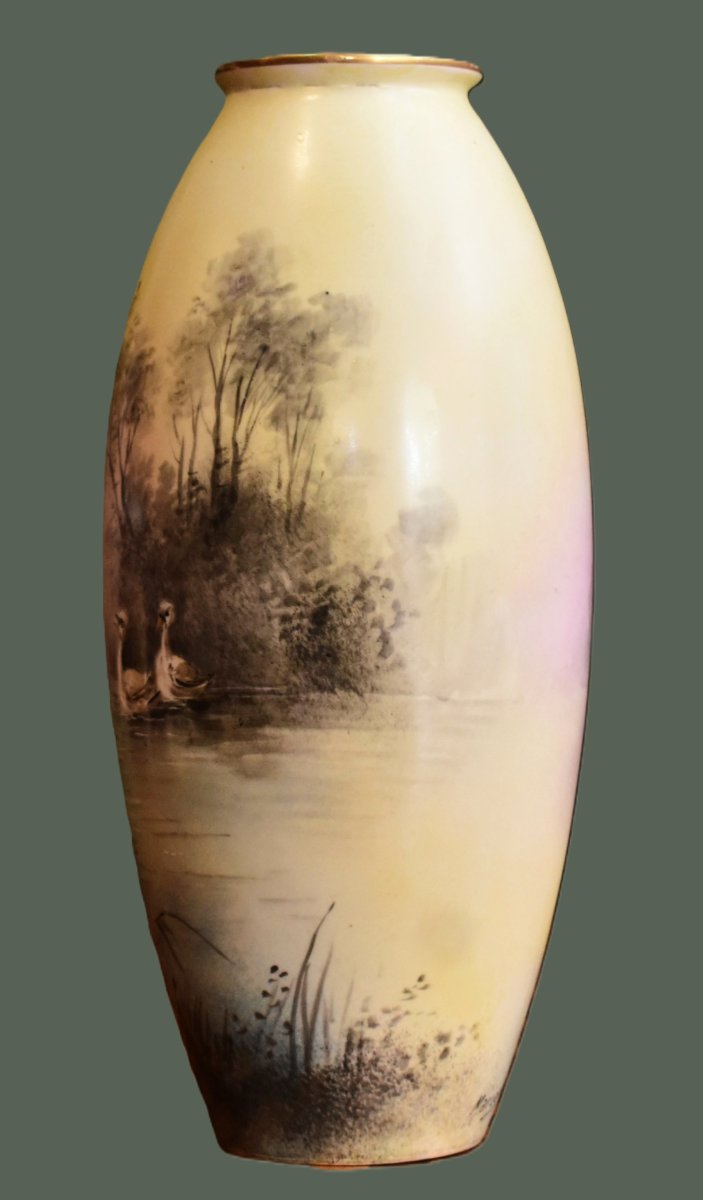 Marcadet, Decorator, Limoges, Porcelain, Hand-painted Decor, Lakeside Scene, Swans, Bernardaud-photo-1