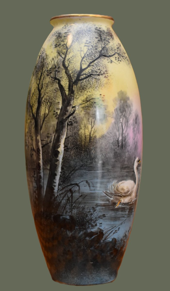 Marcadet, Decorator, Limoges, Porcelain, Hand-painted Decor, Lakeside Scene, Swans, Bernardaud