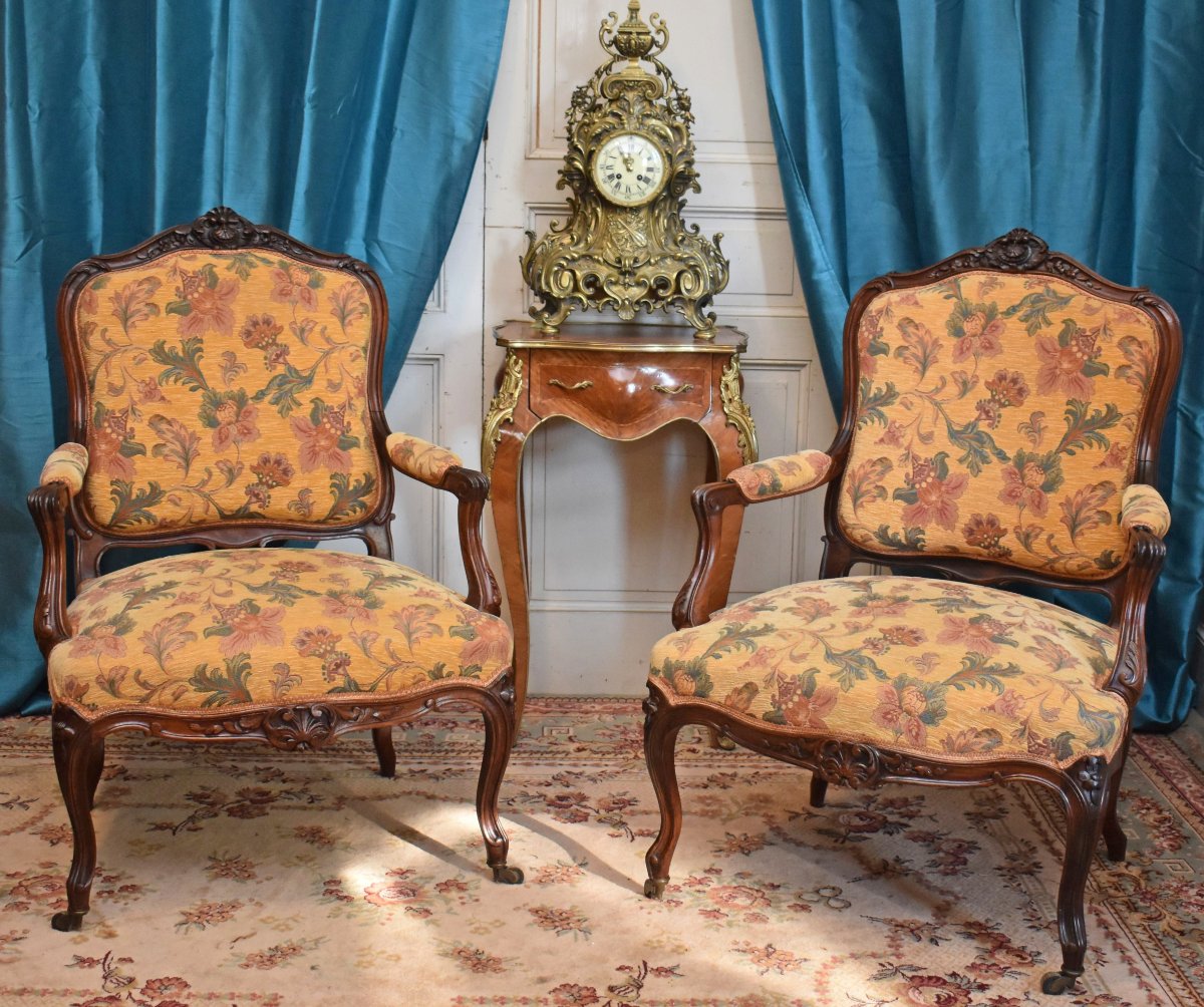 Paire De Fauteuils  Style Louis XV dossier à la Reine en Palissandre. XIXe siècle-photo-2