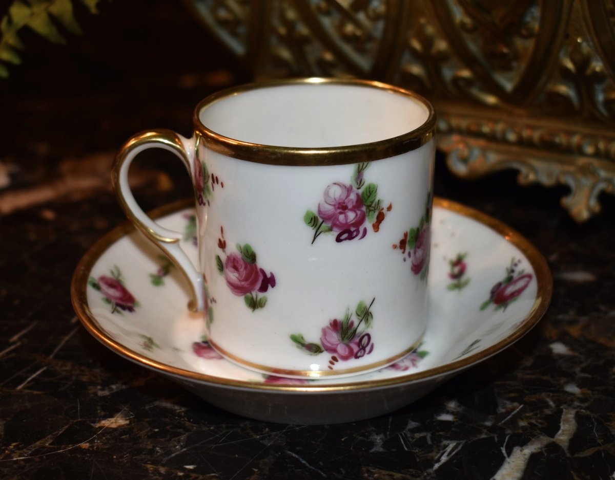 Pair Of Litron Cups And Saucers Made Of Limoges Porcelain With A Rose Design, 19th Century-photo-3