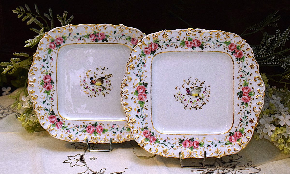 Paire De Plats Décoratifs En Porcelaine Vieux Paris, XIXe ,  Assiettes décor fleurs et oiseaux