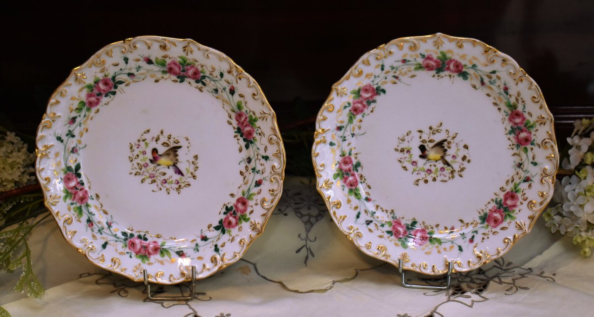 Pair Of Decorative Plates, 19th-century "vieux Paris" Porcelain, Hand-painted With Flowers And Birds  -photo-2
