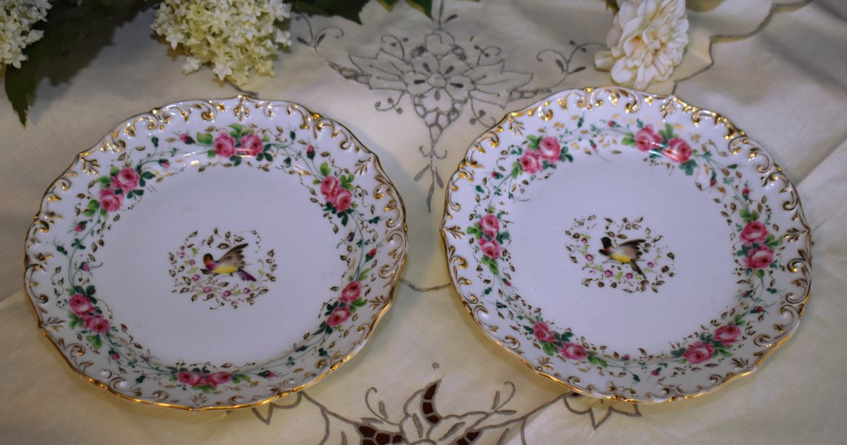 Pair Of Decorative Plates, 19th-century "vieux Paris" Porcelain, Hand-painted With Flowers And Birds  -photo-3