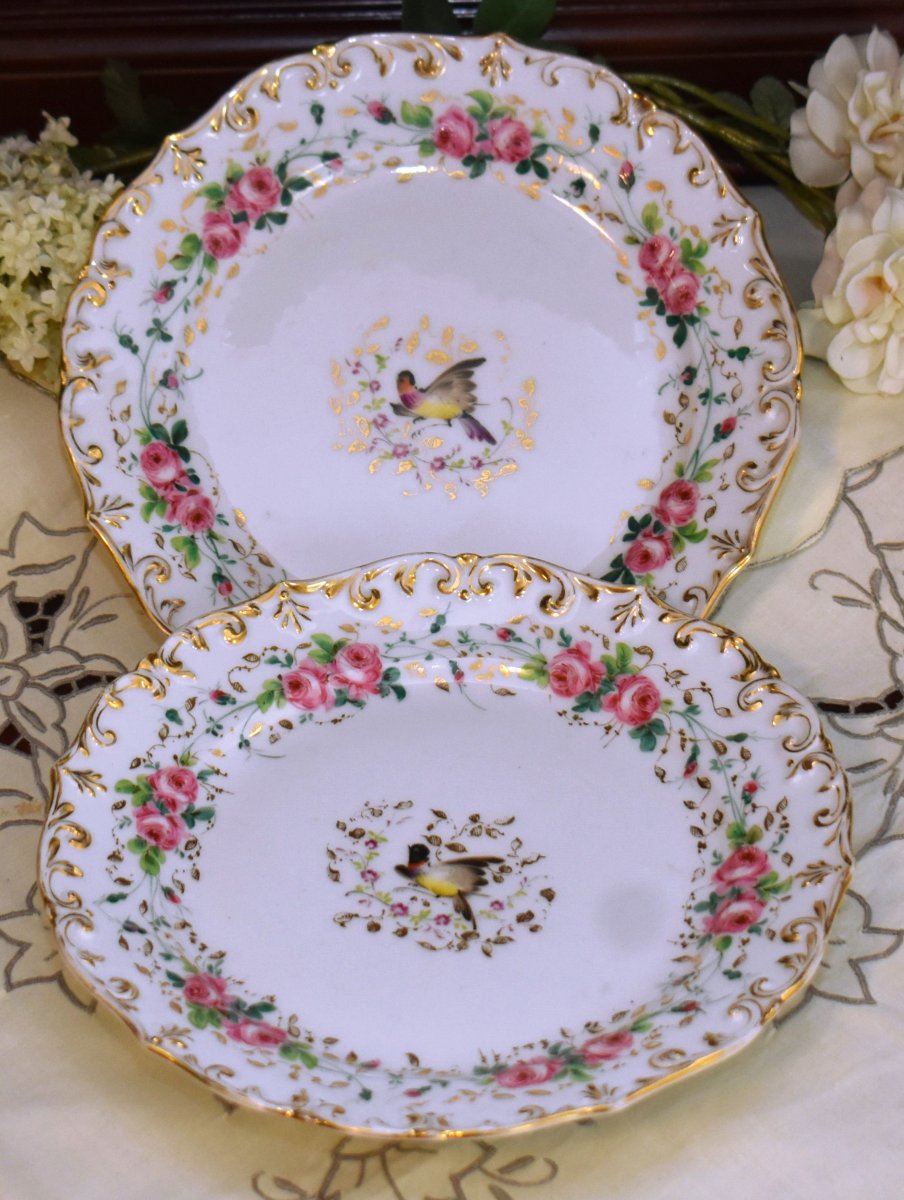 Pair Of Decorative Plates, 19th-century "vieux Paris" Porcelain, Hand-painted With Flowers And Birds  -photo-4
