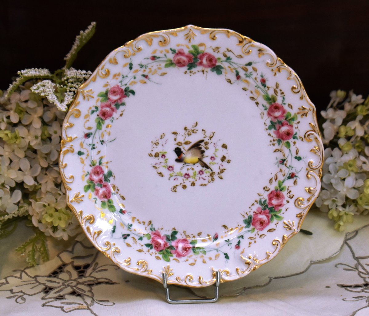 Pair Of Decorative Plates, 19th-century "vieux Paris" Porcelain, Hand-painted With Flowers And Birds  -photo-3
