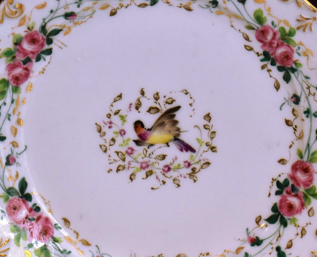 Pair Of Decorative Plates, 19th-century "vieux Paris" Porcelain, Hand-painted With Flowers And Birds  -photo-4