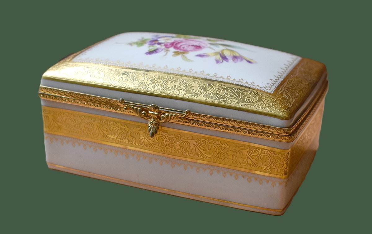 Coffret En Porcelaine De Limoges Double Incrustation Or,  Bouquet De Fleurs, boite, peint main.-photo-6
