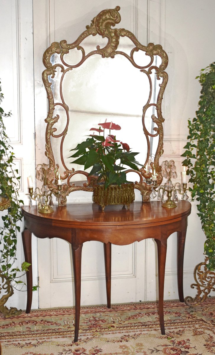 Table à Jeux Demi Lune De Style Louis XV , tapis feutrine grenat  , Console en demi-lune, -photo-2