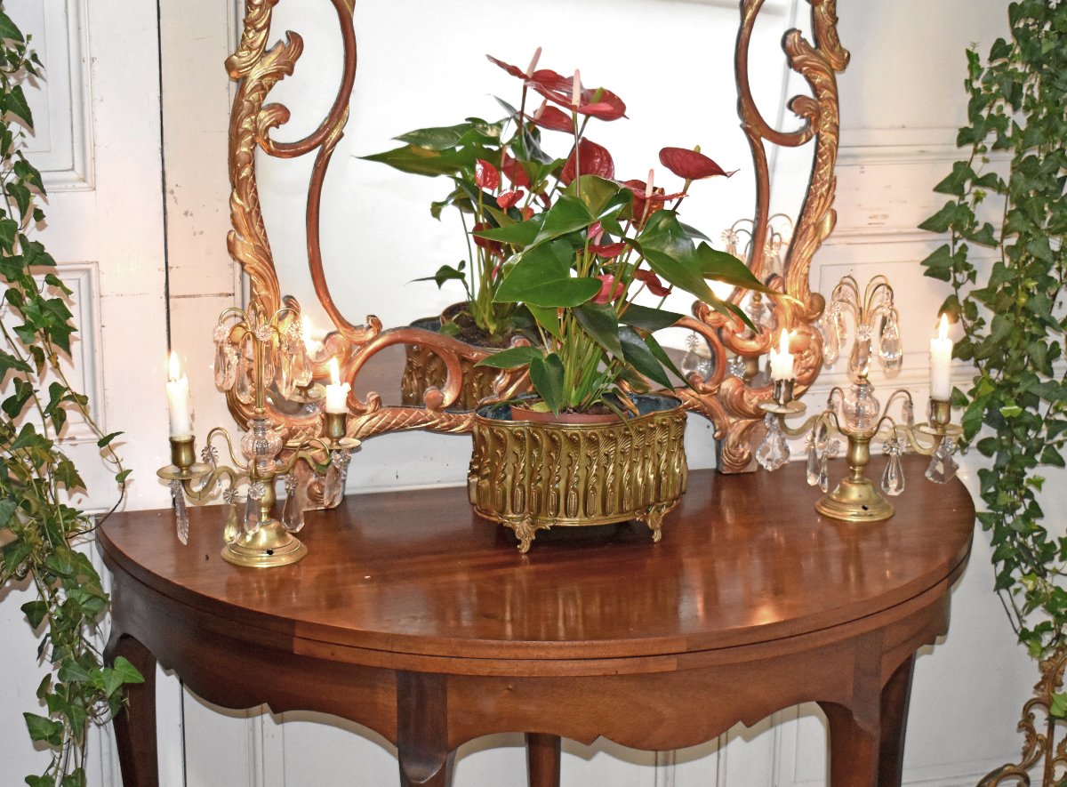 Table à Jeux Demi Lune De Style Louis XV , tapis feutrine grenat  , Console en demi-lune, -photo-4