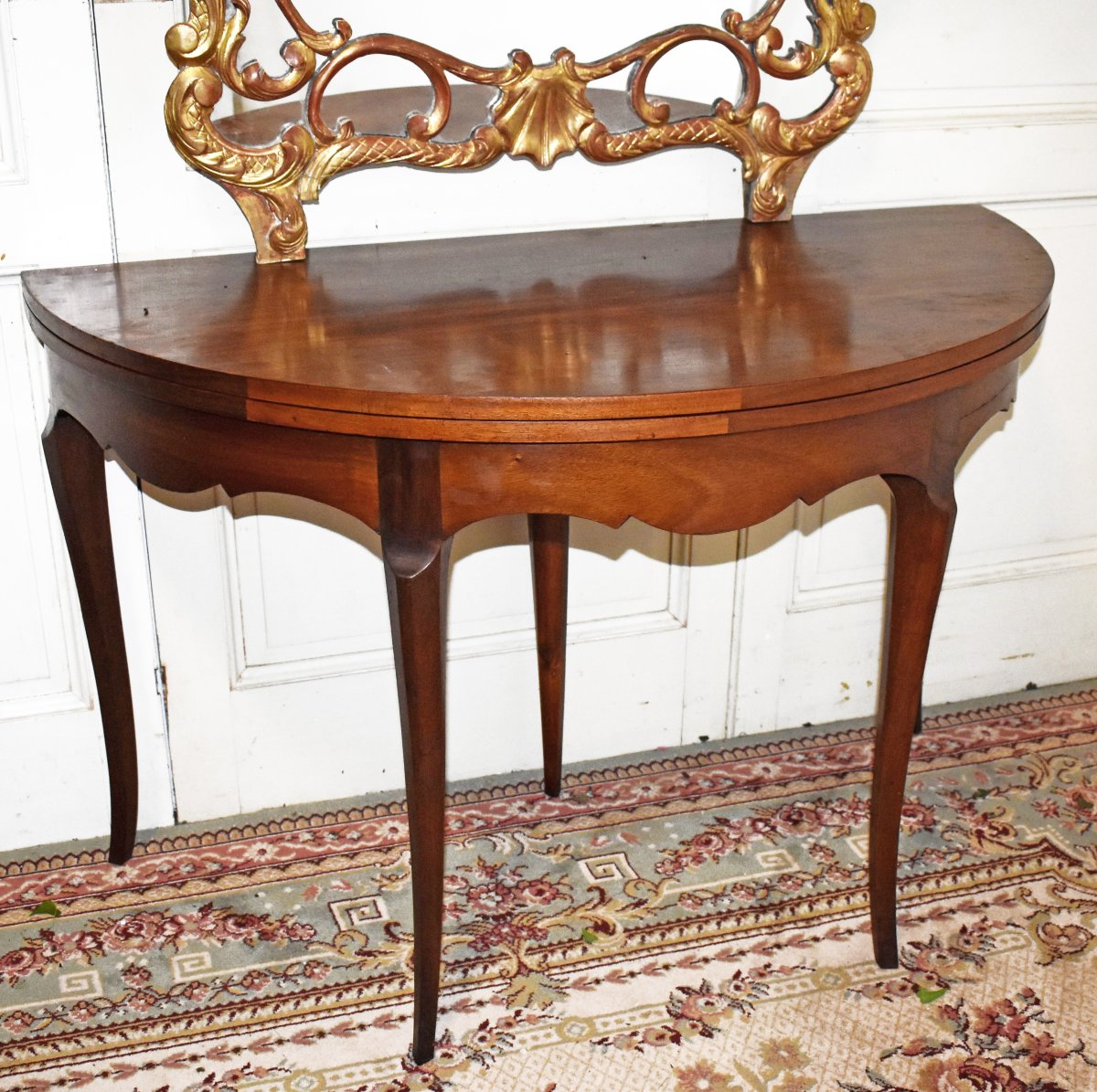 Table à Jeux Demi Lune De Style Louis XV , tapis feutrine grenat  , Console en demi-lune, -photo-1