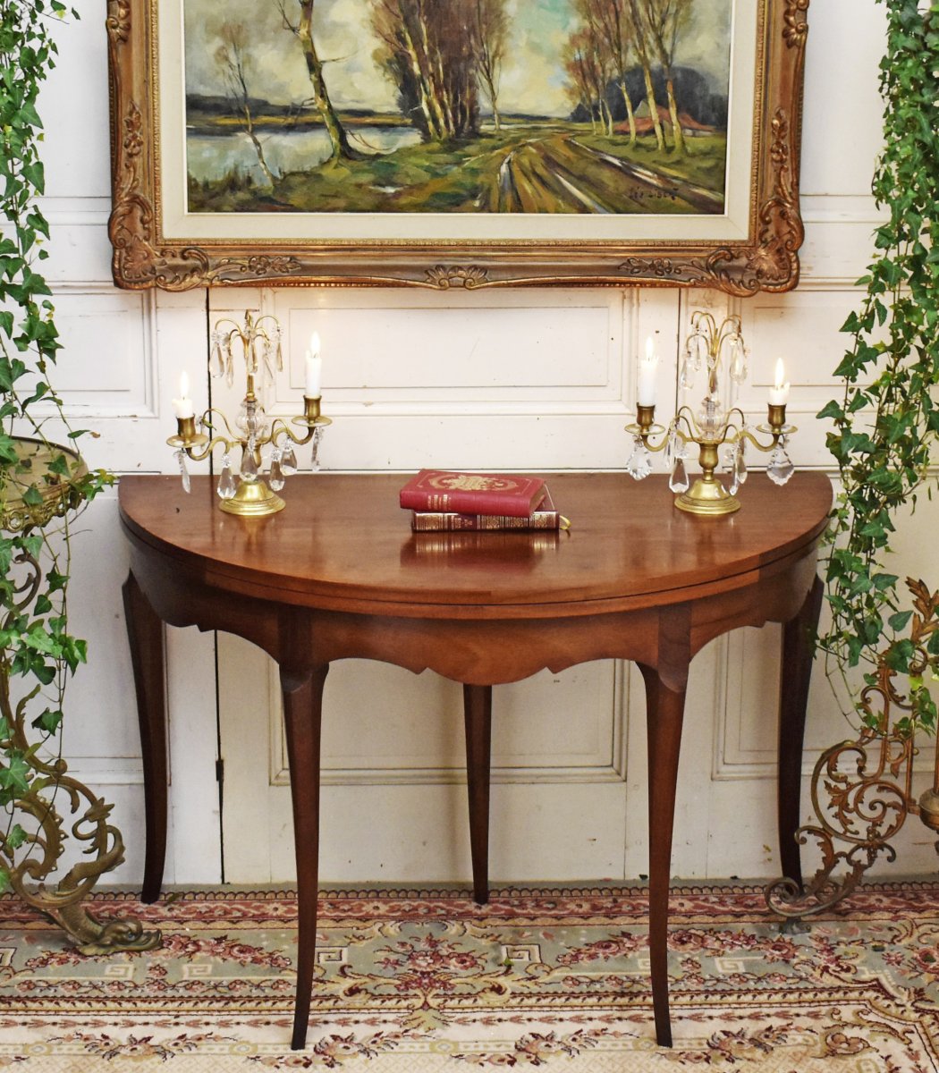 Table à Jeux Demi Lune De Style Louis XV , tapis feutrine grenat  , Console en demi-lune, 