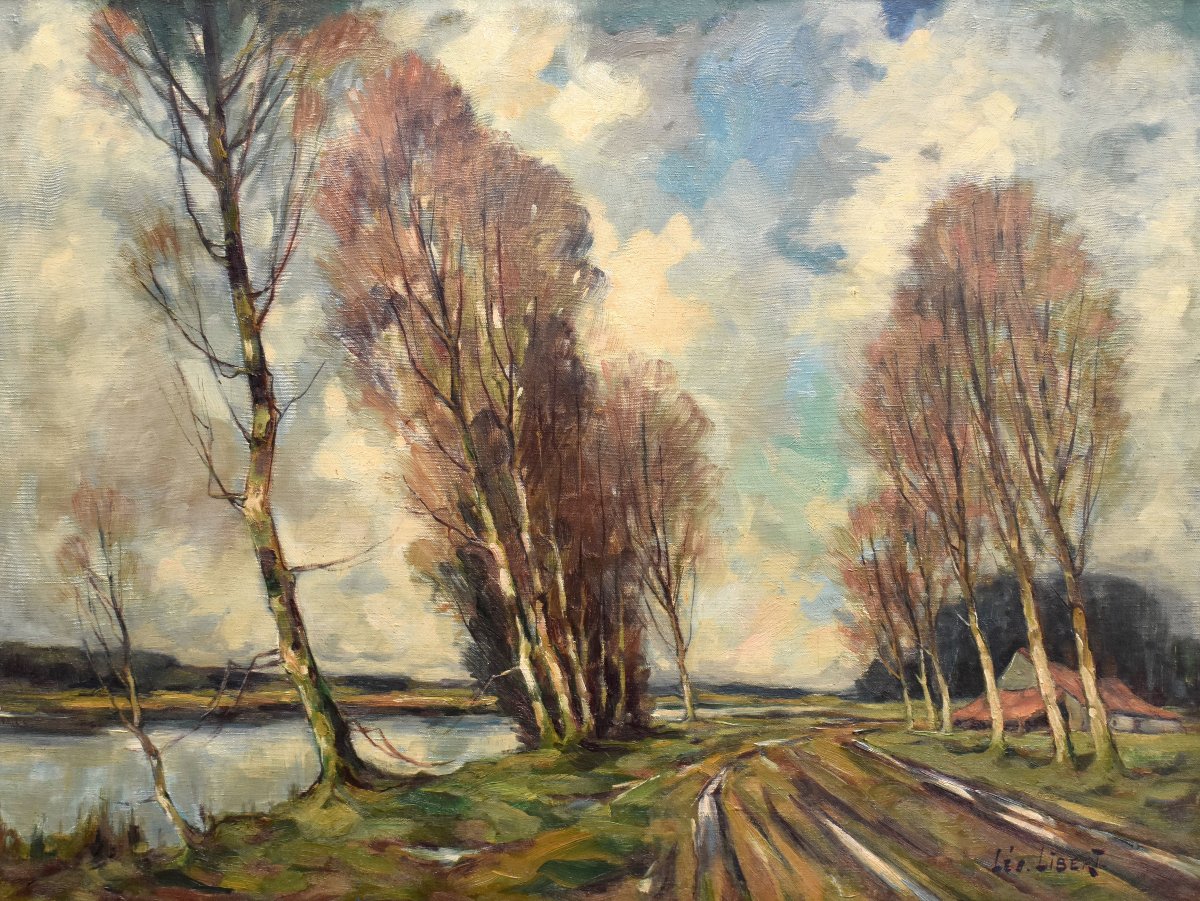 Léo Libert  Liège School, Landscape "marais En Campine"  Dated 1964, Painting  And Carved Frame-photo-4