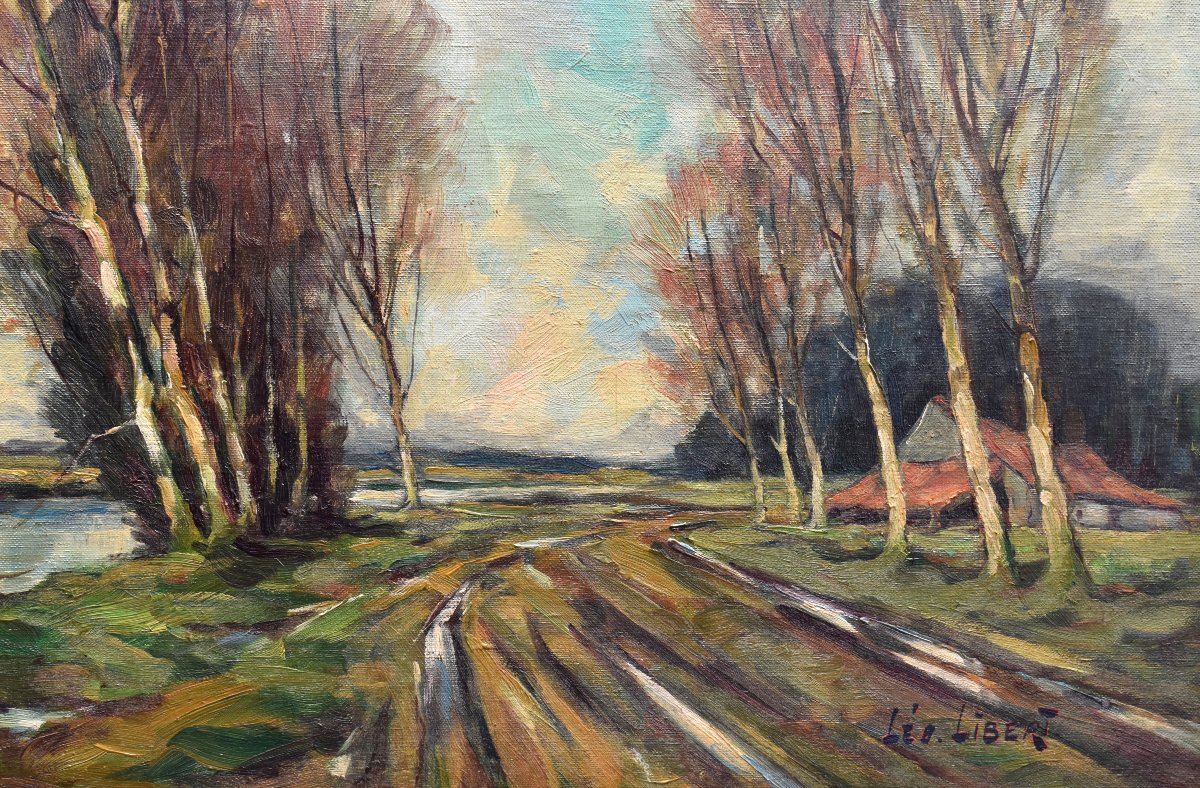 Léo Libert  Liège School, Landscape "marais En Campine"  Dated 1964, Painting  And Carved Frame-photo-1