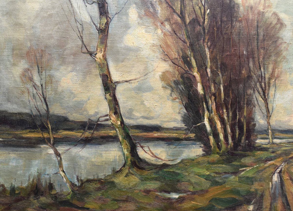 Léo Libert  Liège School, Landscape "marais En Campine"  Dated 1964, Painting  And Carved Frame-photo-3