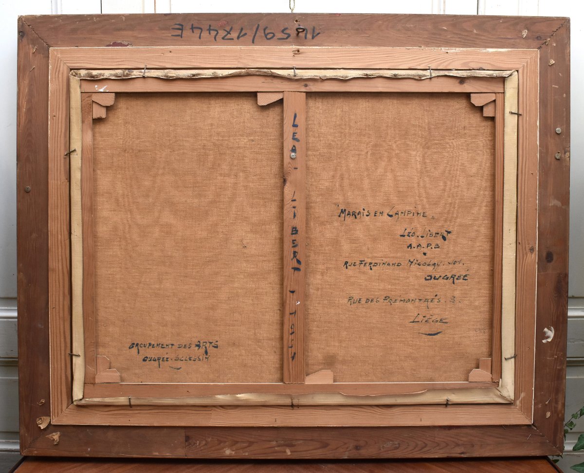 Léo Libert  Liège School, Landscape "marais En Campine"  Dated 1964, Painting  And Carved Frame-photo-7