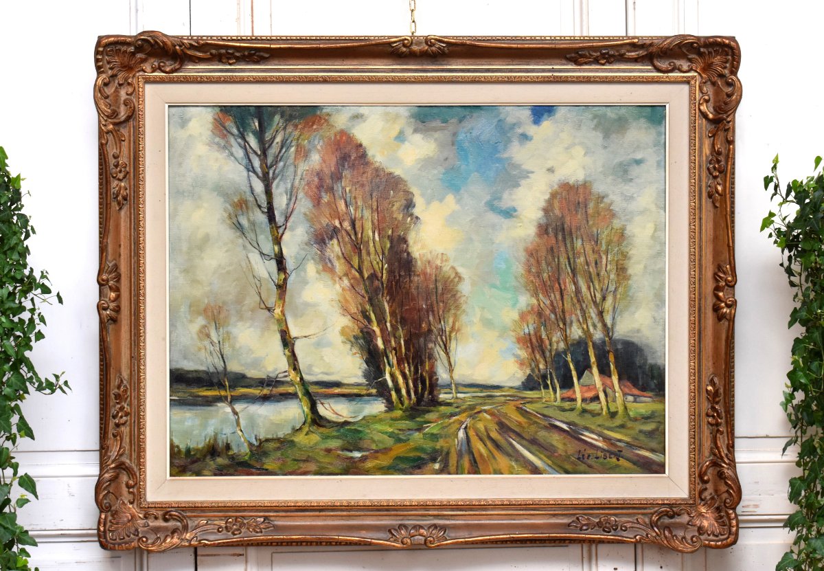 Léo Libert  Liège School, Landscape "marais En Campine"  Dated 1964, Painting  And Carved Frame