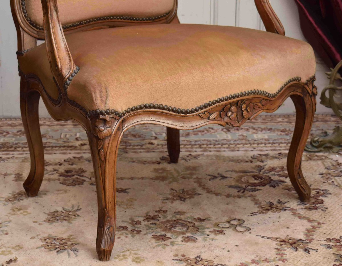 Grand Fauteuil d'époque Louis XV,  Dossier  plat  à La Reine,  XVIIIème Siècle tissu velours-photo-2