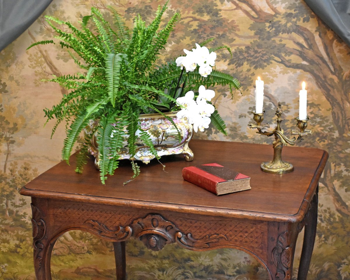 Regency-era Coffee Table—louis XV Style—made Of Waxed Oak, With Rocaille And Quatrefoil Motifs, 18th Century-photo-4