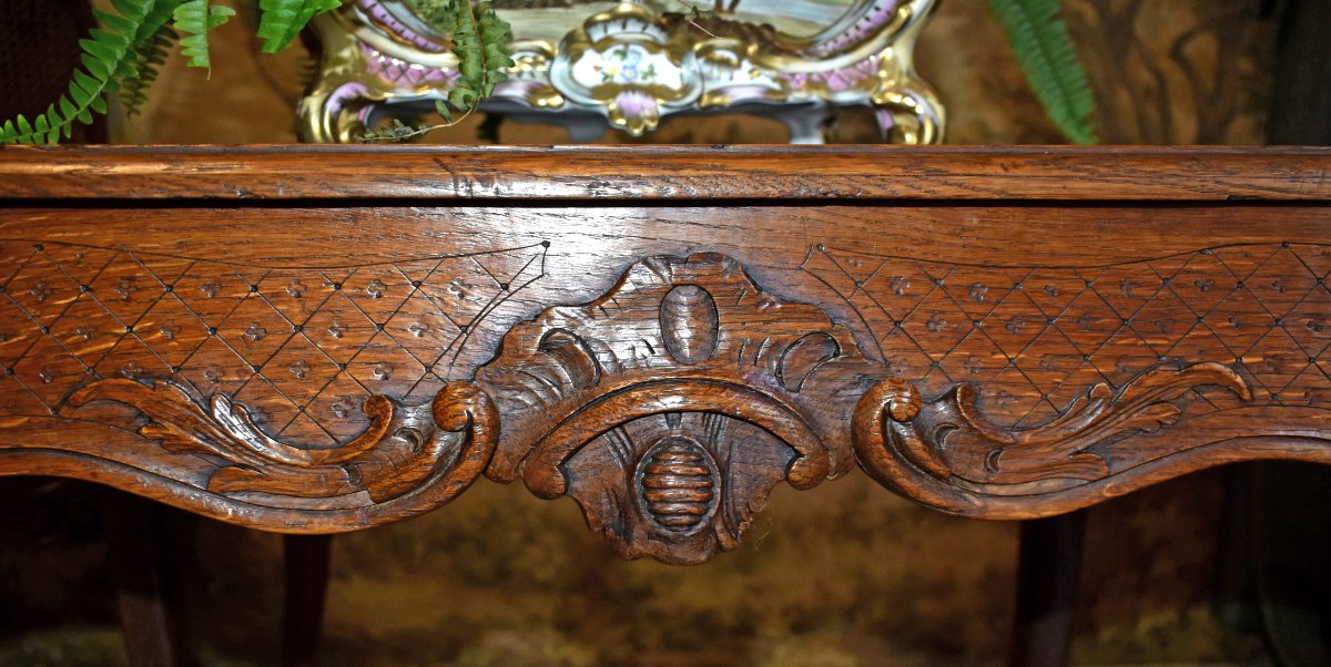 Regency-era Coffee Table—louis XV Style—made Of Waxed Oak, With Rocaille And Quatrefoil Motifs, 18th Century-photo-2