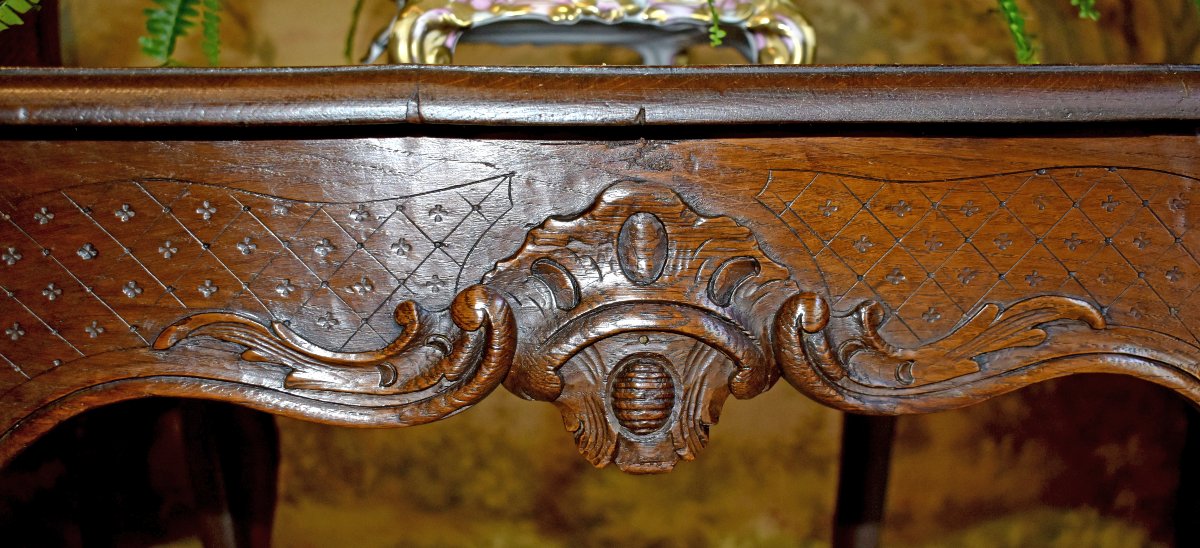 Regency-era Coffee Table—louis XV Style—made Of Waxed Oak, With Rocaille And Quatrefoil Motifs, 18th Century-photo-3